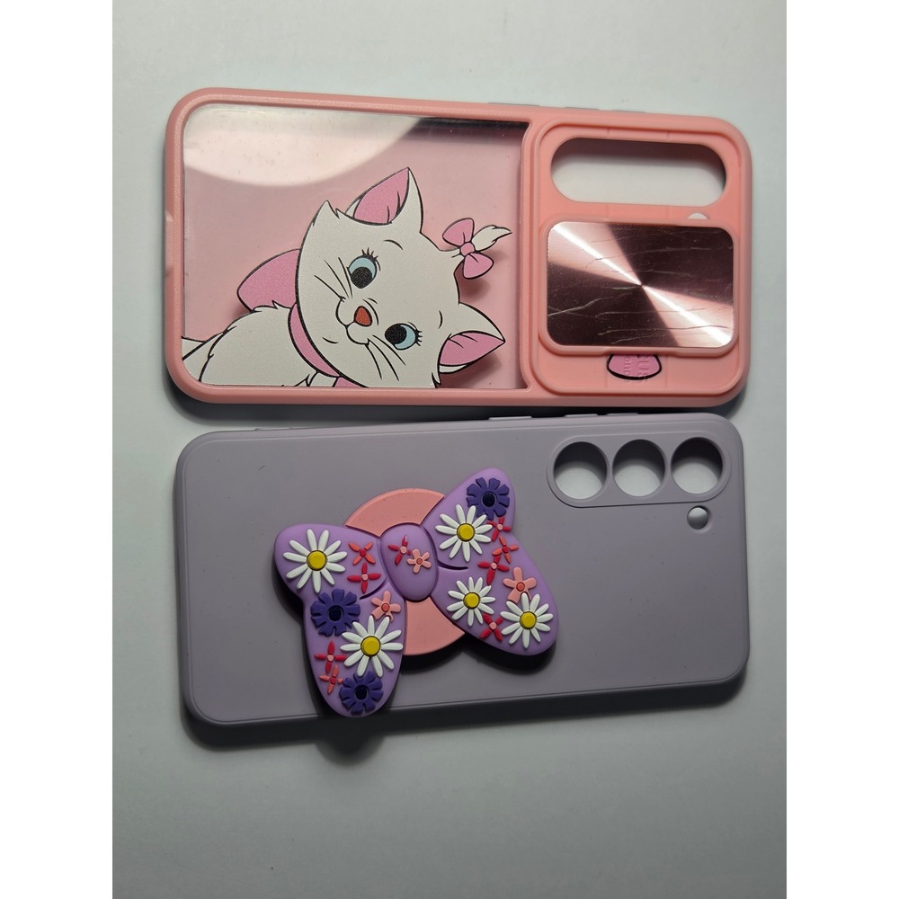 Samsung Galaxy Case Bundle Marie the Cat Pink Mirror Purple Floral‎ Bow Grip